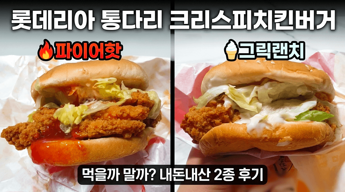 빨간 매운 소스와 하얀 랜치 소스의 롯데리아 통다리 크리스피치킨버거 두 가지 맛을 나란히 편집한 내돈내산 솔직후기 대표 이미지